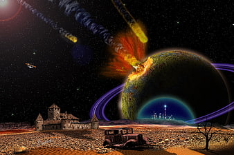 Digital Art of Meteor Impact on Planet with Desert Ruins