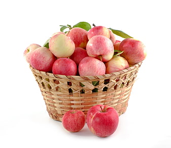 Fresh Red Apples in Woven Basket Isolated on White