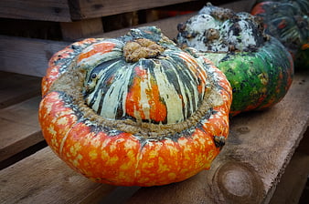 Colorful heirloom pumpkins on rustic wooden crate