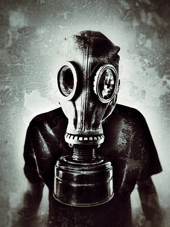 Man Wearing Vintage Gas Mask with Grunge Texture