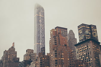 Foggy New York City Skyline with Skyscrapers