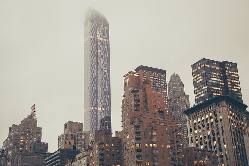 Foggy New York City Skyline with Skyscrapers