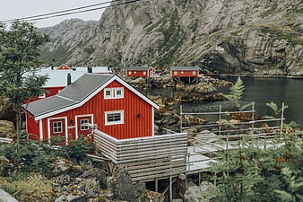 Red wooden houses in Lofoten village, Norway