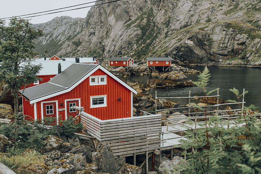 Red wooden houses in Lofoten village, Norway