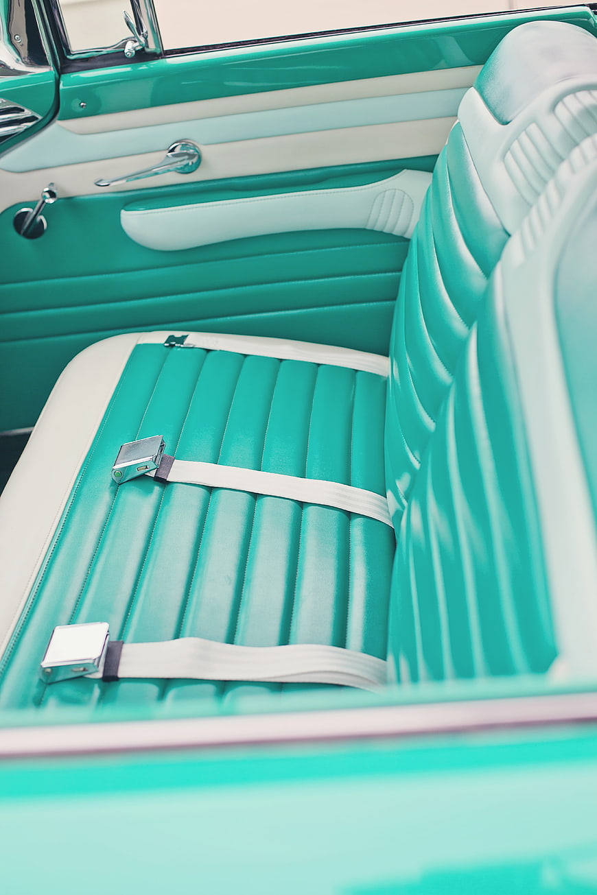Turquoise Vintage Car Interior With Ribbed Leather Seats