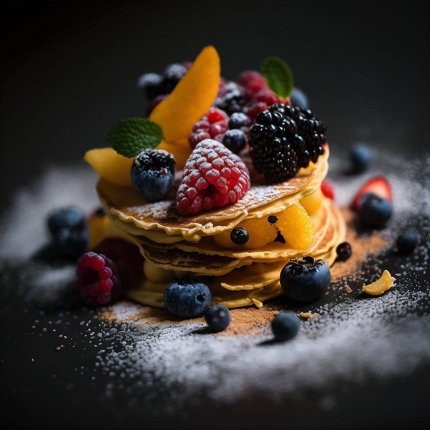 Stack of pancakes with mixed berries and powdered sugar