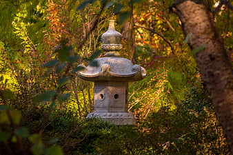 Traditional Japanese stone lantern in autumn garden
