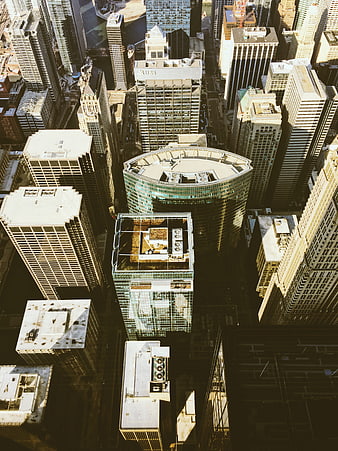 Aerial view of Chicago skyscrapers with curved glass building