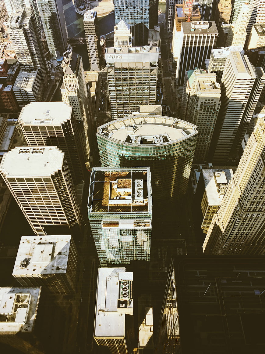 Aerial view of Chicago skyscrapers with curved glass building