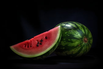 Fresh watermelon slice and whole fruit on dark background