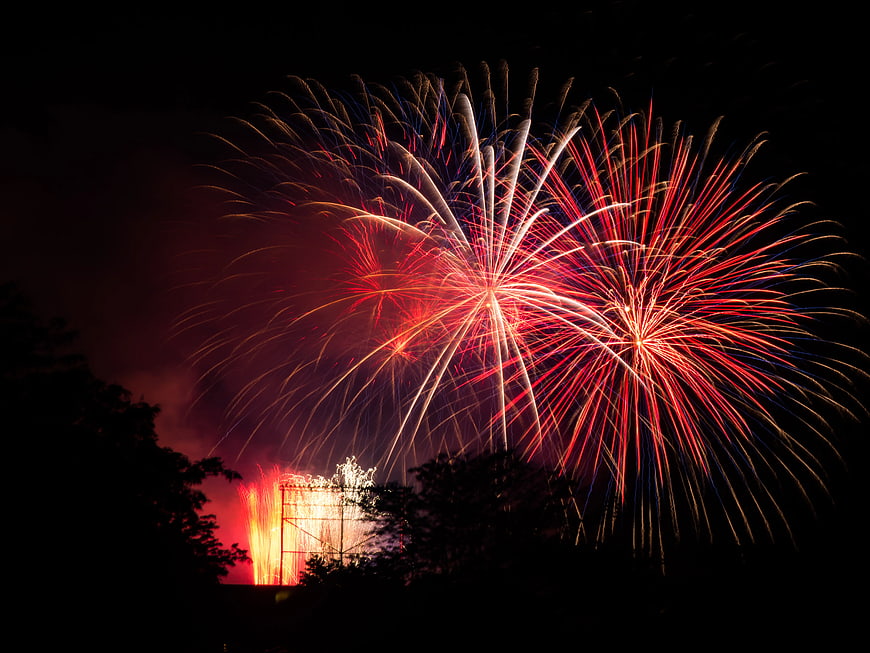 Vibrant Red and White Fireworks Exploding in Night Sky