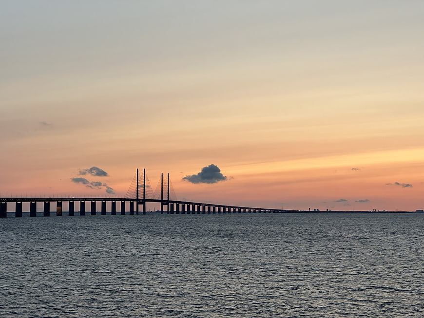 Silhouette of cable-stayed bridge over ocean at sunset