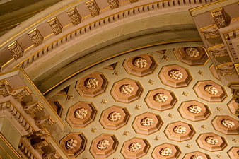Ornate Gold and Beige Hexagonal Ceiling Pattern