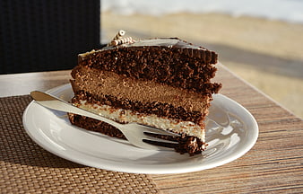 Slice of layered chocolate cake with cream filling on white plate
