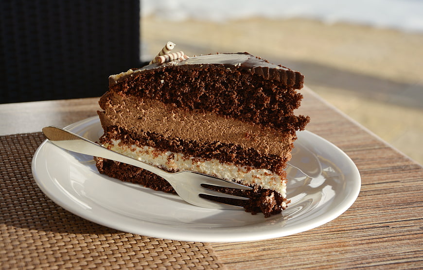 Slice of layered chocolate cake with cream filling on white plate