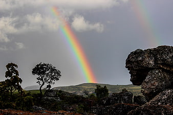 Vibrant Rainbow Over Rocky African Landscape with Trees