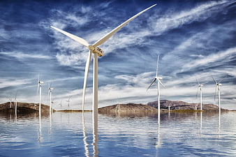 Wind Turbines in Water with Dramatic Cloudy Sky