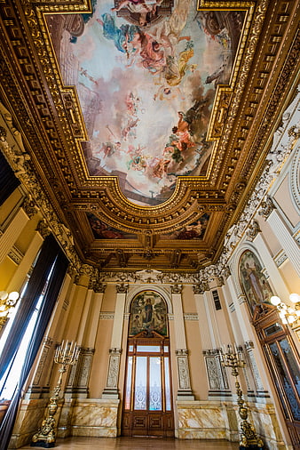 Ornate Baroque Ceiling with Fresco in Grand Hall