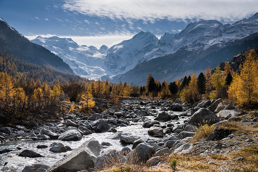 Autumn Alpine River with Snow-Capped Mountains and Golden Larches
