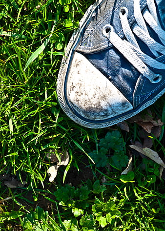 Close-up of worn blue canvas sneaker on green grass