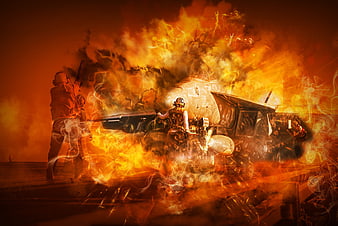 Dramatic Digital Art of Military Jet and Fire Explosion