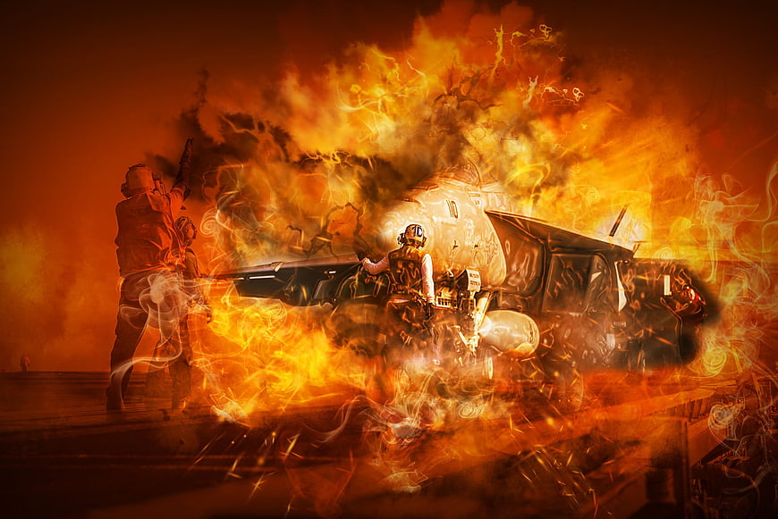 Dramatic Digital Art of Military Jet and Fire Explosion
