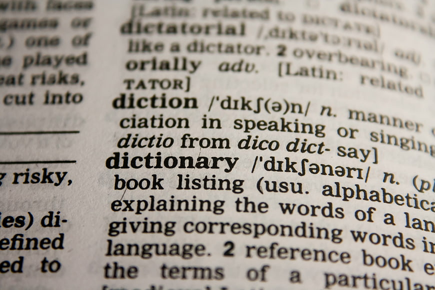 Close-up of dictionary page focusing on the word dictionary definition
