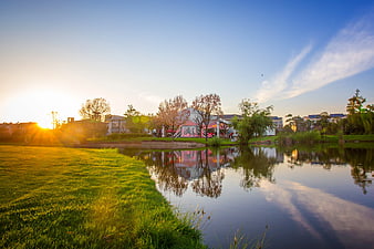 Serene Lake Reflection at Sunset with Park and Houses