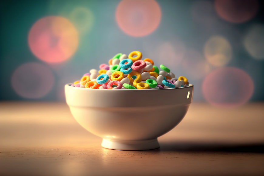 Colorful Fruit Loops Cereal in White Bowl with Bokeh Background