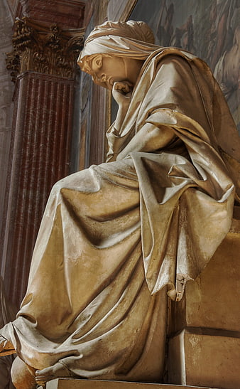 Classical Marble Statue of a Contemplating Woman in a Church