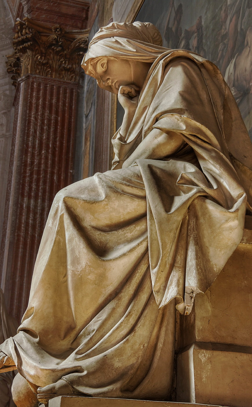 Classical Marble Statue of a Contemplating Woman in a Church