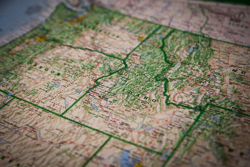 Close-up of Idaho and Oregon on a vintage topographic map