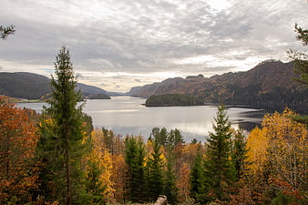 Scenic autumn landscape with lake and colorful forest
