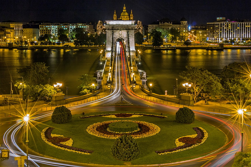 Night view of Széchenyi Chain Bridge and Adam Clark Square in Budapest