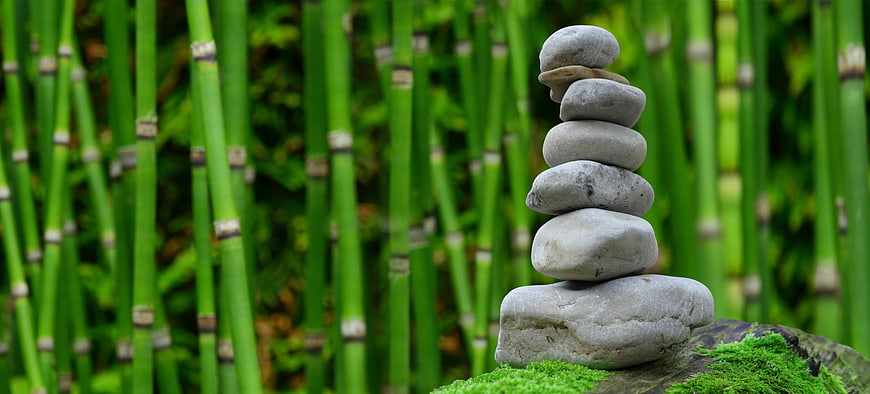 Stacked Zen Stones on Moss with Bamboo Background
