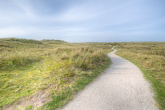 Winding gravel path through grassy dunes landscape