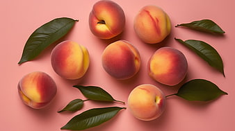 Fresh Peaches and Leaves on Pink Background