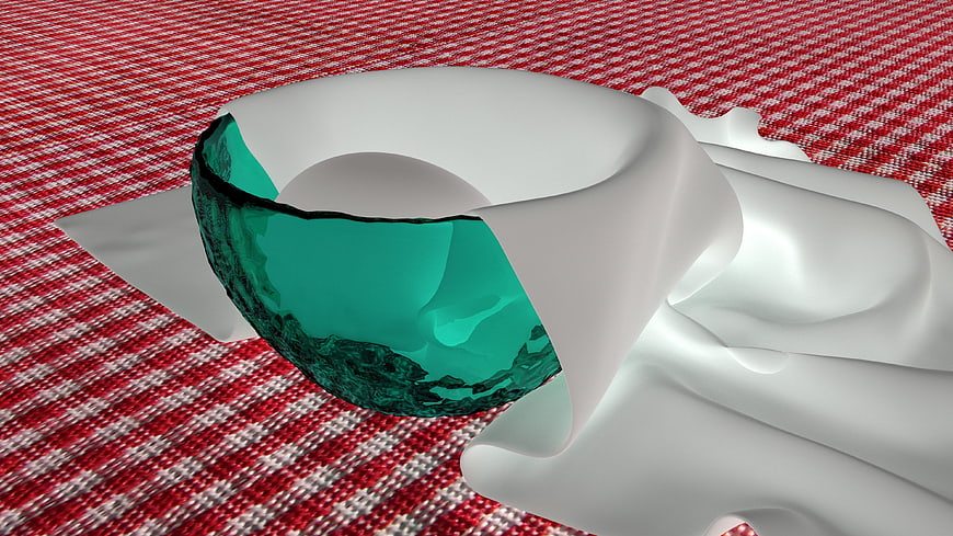 Abstract 3D render of white fluid shape and green glass bowl on red plaid