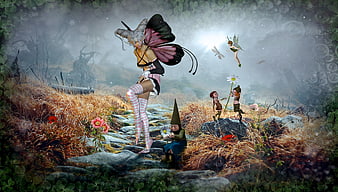 Fantasy Fairy Tale Scene With Winged Female Character And Gnomes