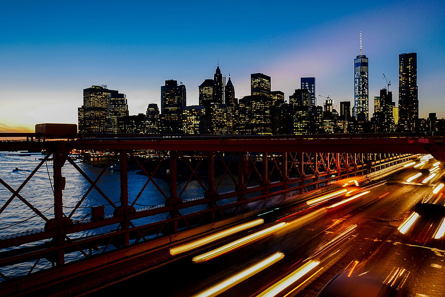 Long exposure Manhattan skyline at dusk from Queensboro Bridge