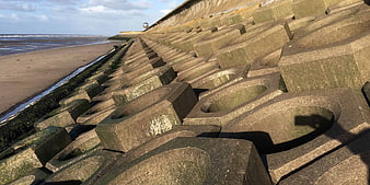 Concrete Tetrapods on Seaside Beach at Low Tide