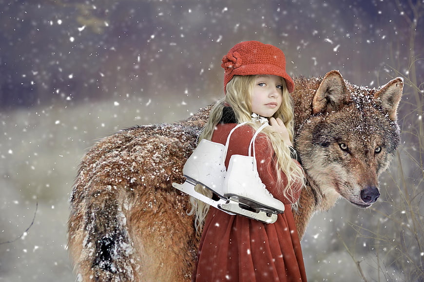 Girl in red coat and hat with ice skates standing next to a wolf in snow