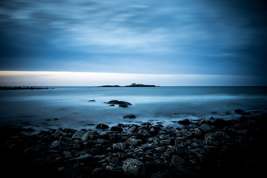 Moody Long Exposure Rocky Coastline at Dusk