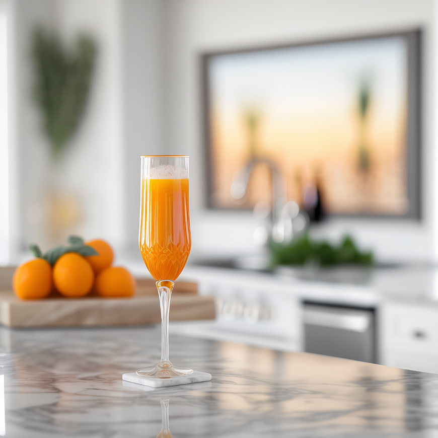 Bellini cocktail in flute glass on marble kitchen counter