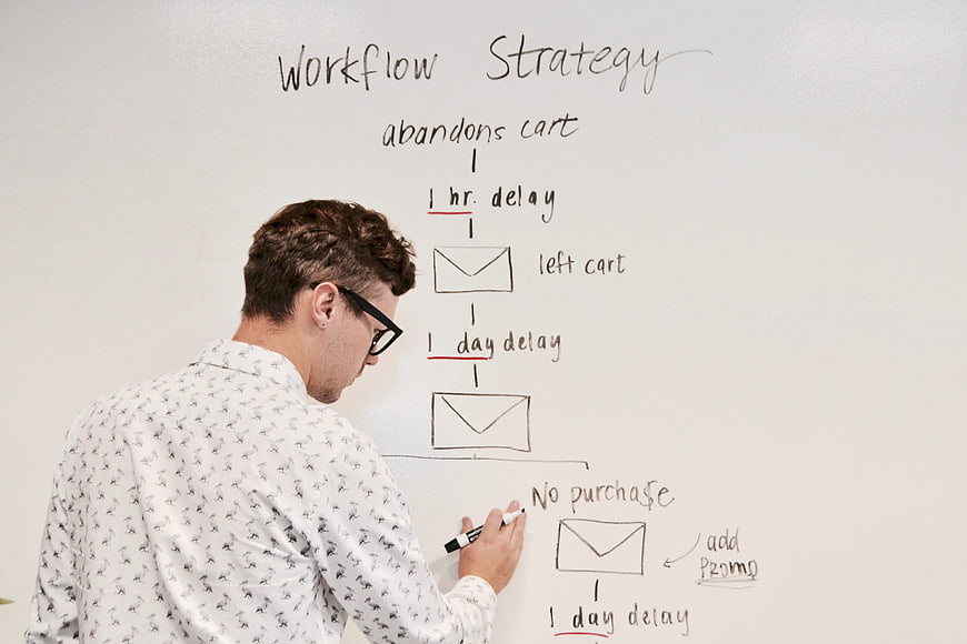 Man drawing email marketing workflow strategy on whiteboard
