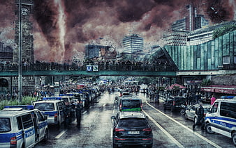 Dramatic city street scene with police cars and storm clouds
