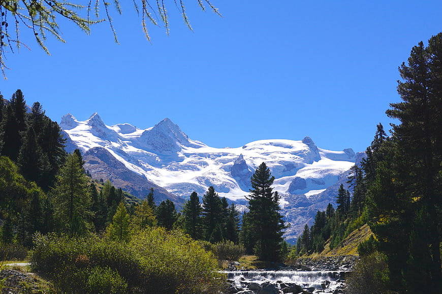 Snow-Capped Mountain Peaks with Forest and Stream