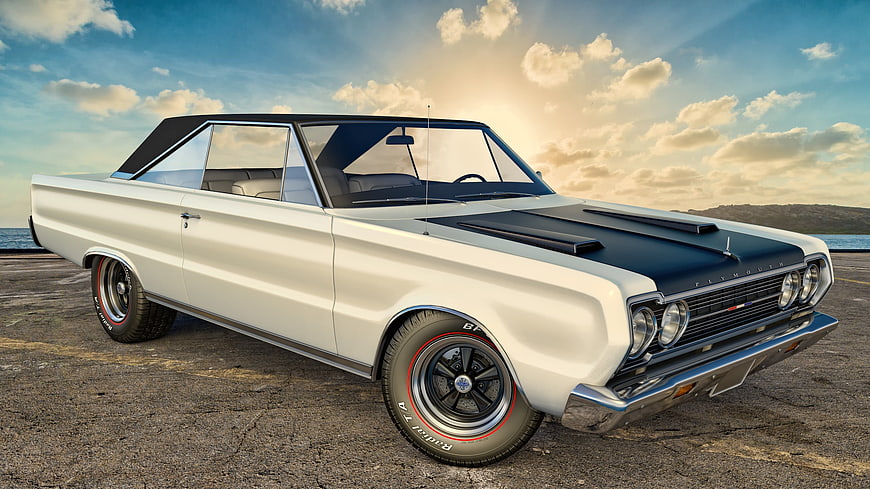 White Classic Plymouth GTX Convertible on Coastal Road