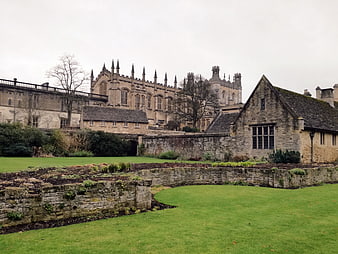 Historic Oxford University Architecture with Stone Garden Walls