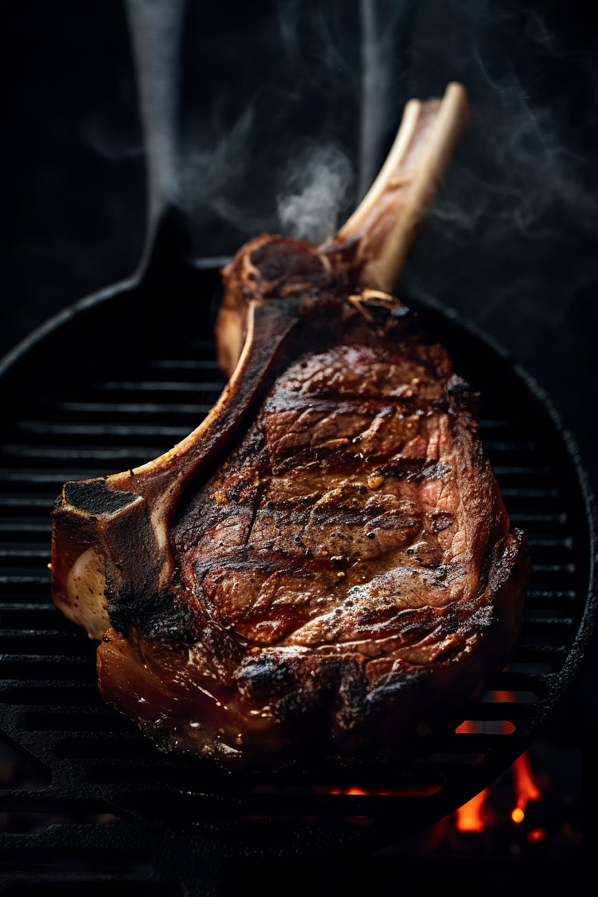 Sizzling Tomahawk Steak on Cast Iron Grill
